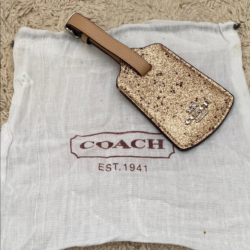 New Coach Glittery Gold Tag with Tan Strap and Dustbag